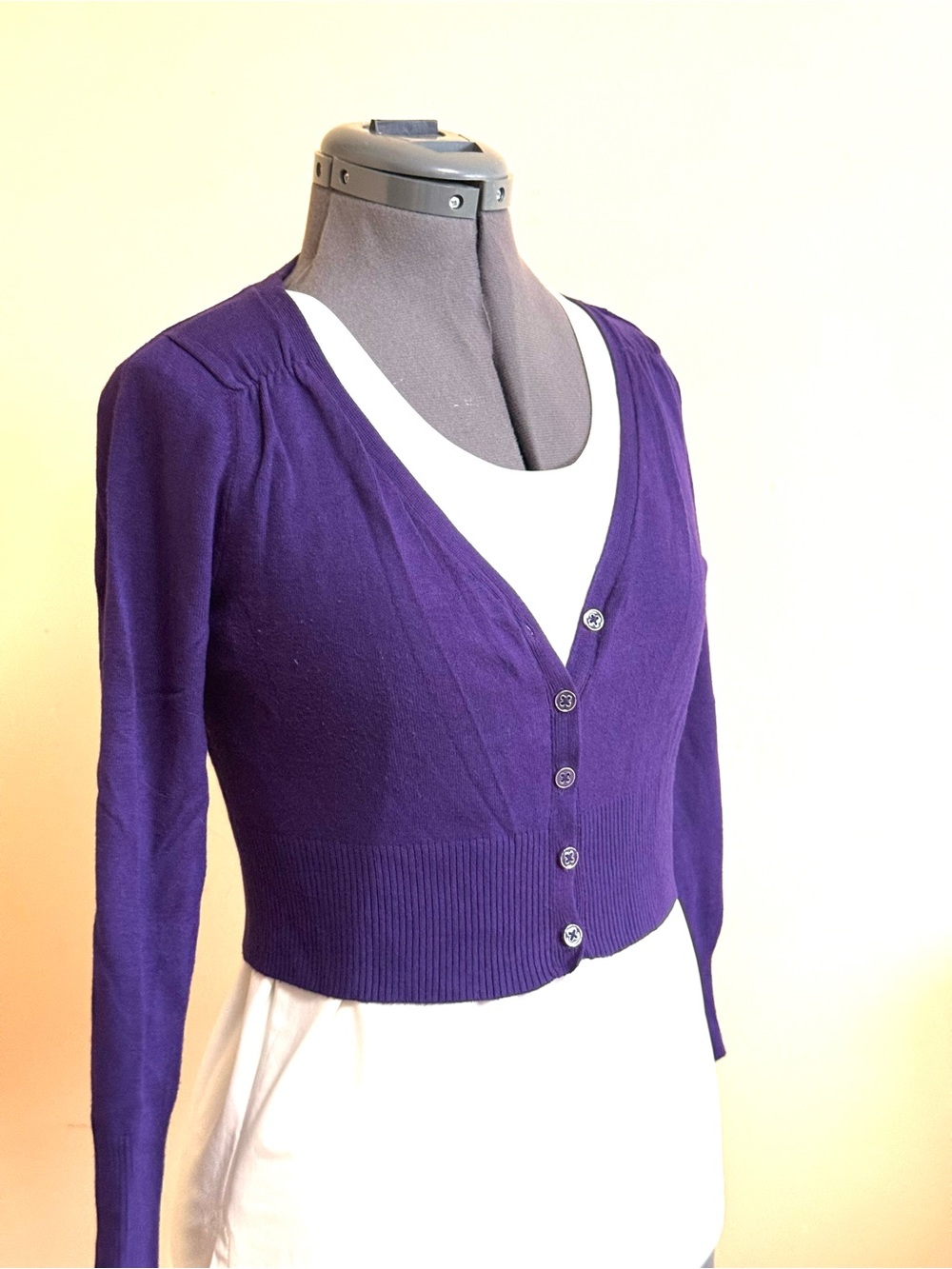 Purple V-Neck Cropped Button Cardigan Sweater